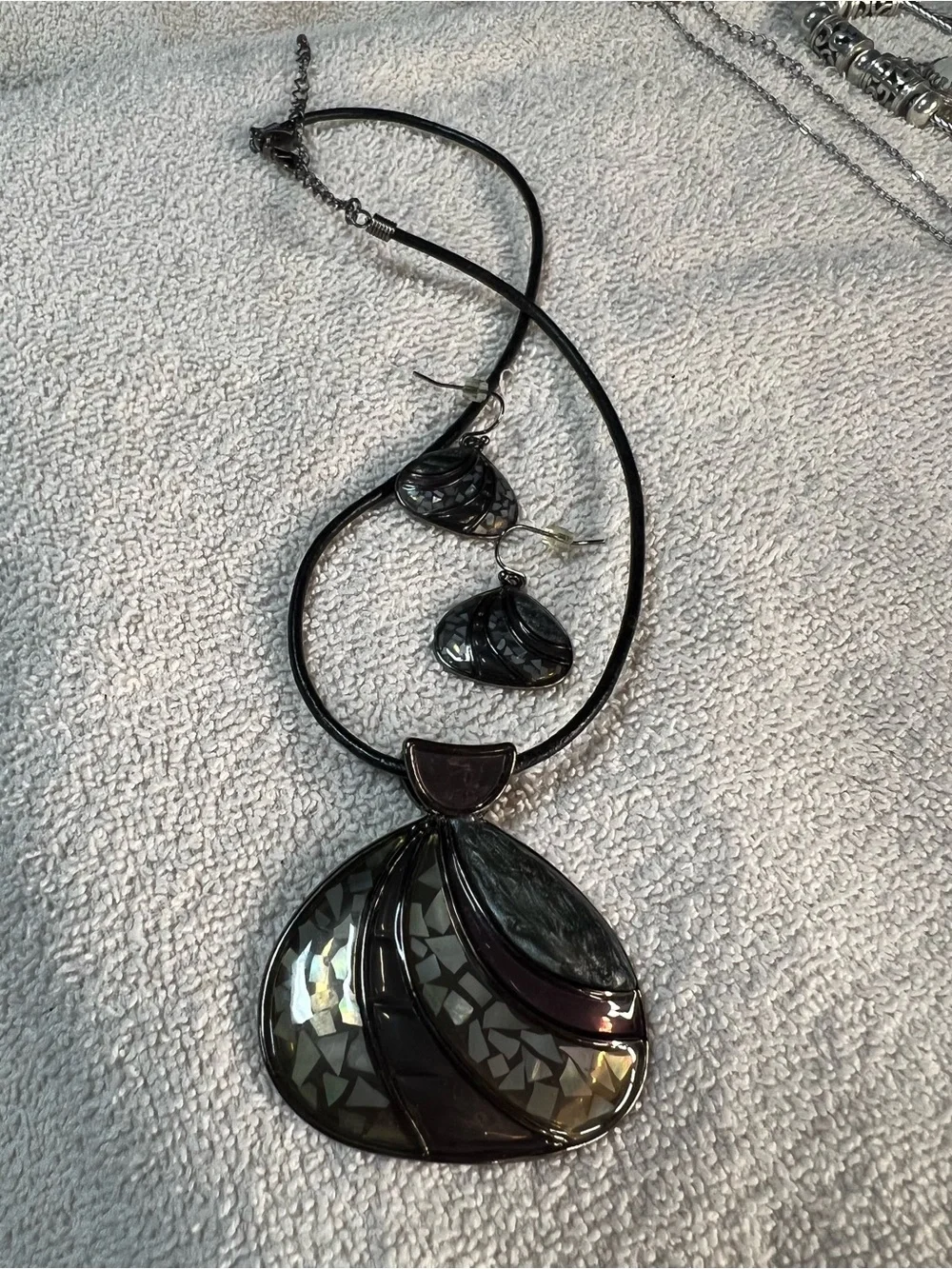 Statement Purple and Iridescent Shell Pendant Necklace and Earrings Set